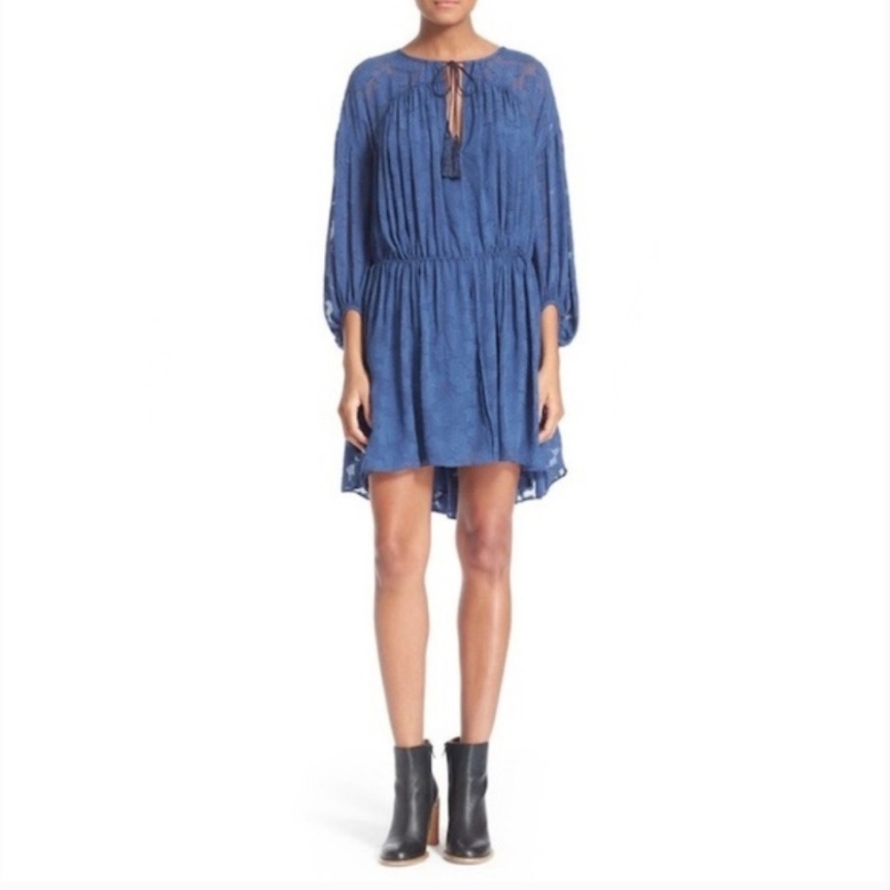 Derek Lam Blue Silk Peasant Dress Boho Size 2 Tie Neck High-Low Mini Long Sleeve